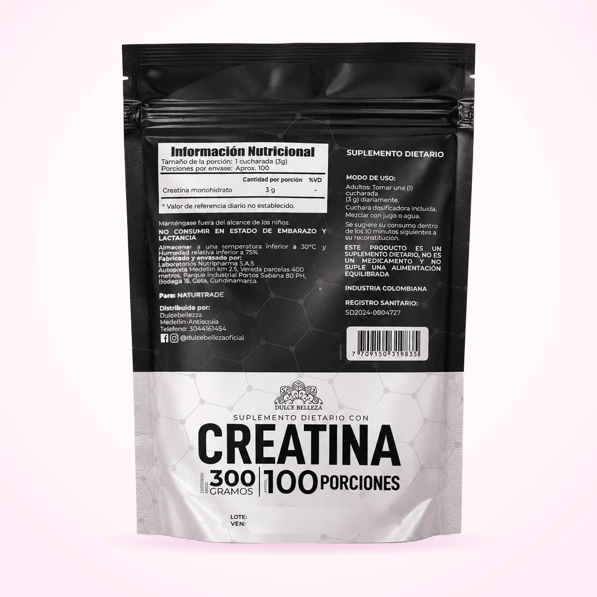 Reverso de la bolsa de creatina Dulce Belleza con información nutricional y modo de uso